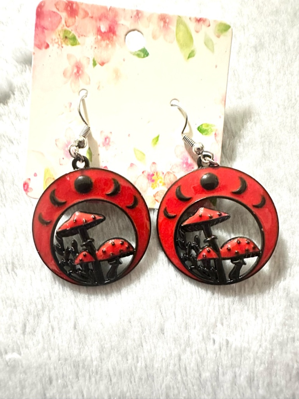 Red Mushroom Crescent Moon Dangle Earrings